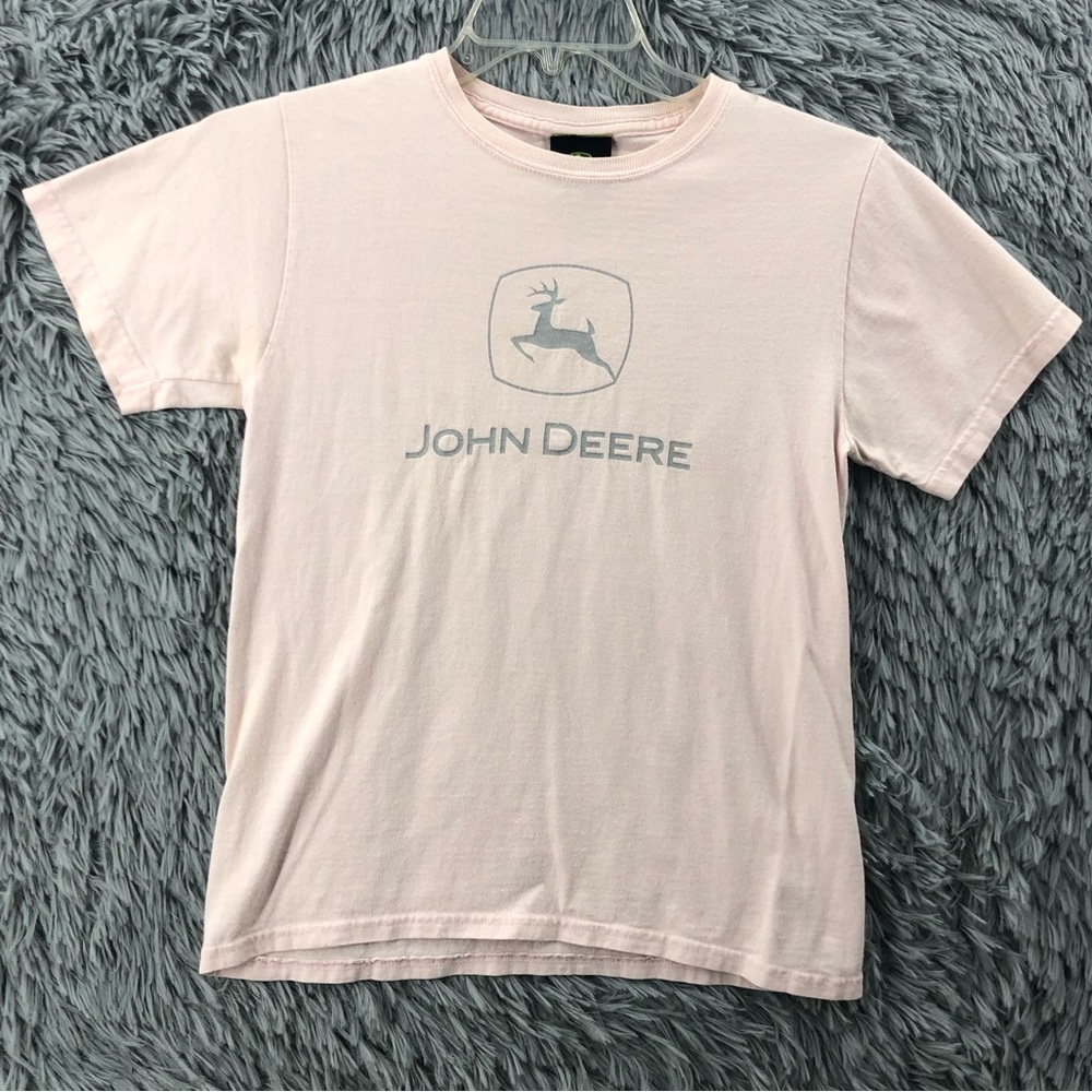 John Deere Tshirt Womens Small Pink Gray Logo Spellout Short Sleeve Shirt